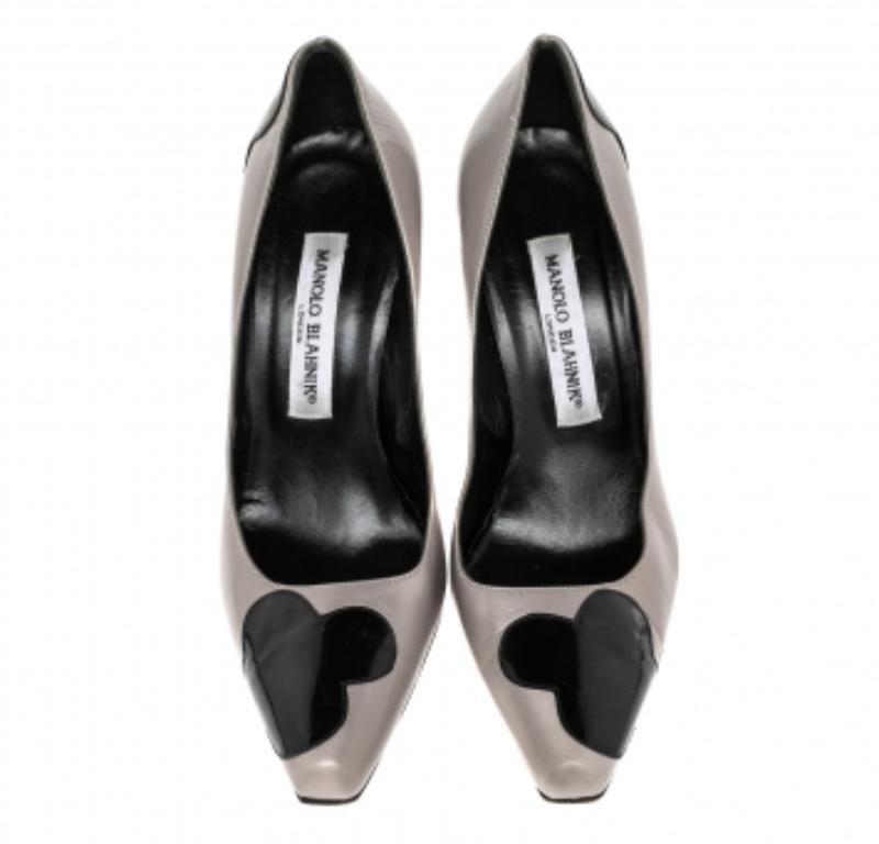 Women's Manolo Blahnik Grey/Black Leather And Patent Leather Adra Pumps Size 39