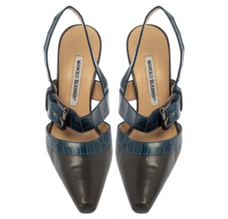Black Manolo Blahnik Grey/Blue Croc Embossed And Leather Slingback Sandals Size 37 For Sale