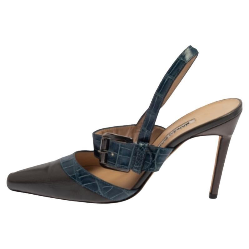 Manolo Blahnik Grey/Blue Croc Embossed And Leather Slingback Sandals Size 37 For Sale