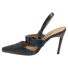 Manolo Blahnik Grey/Blue Croc Embossed And Leather Slingback Sandals Size 37