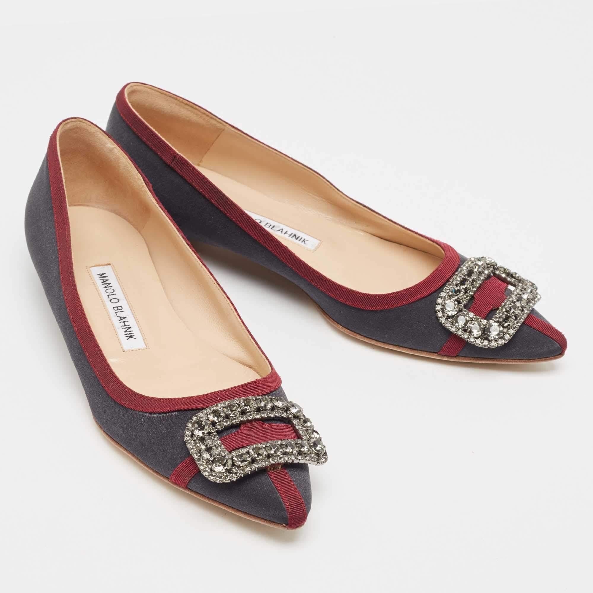 Gray Manolo Blahnik Grey/Burgundy Fabric Gotrian Ballet Flats Size 37