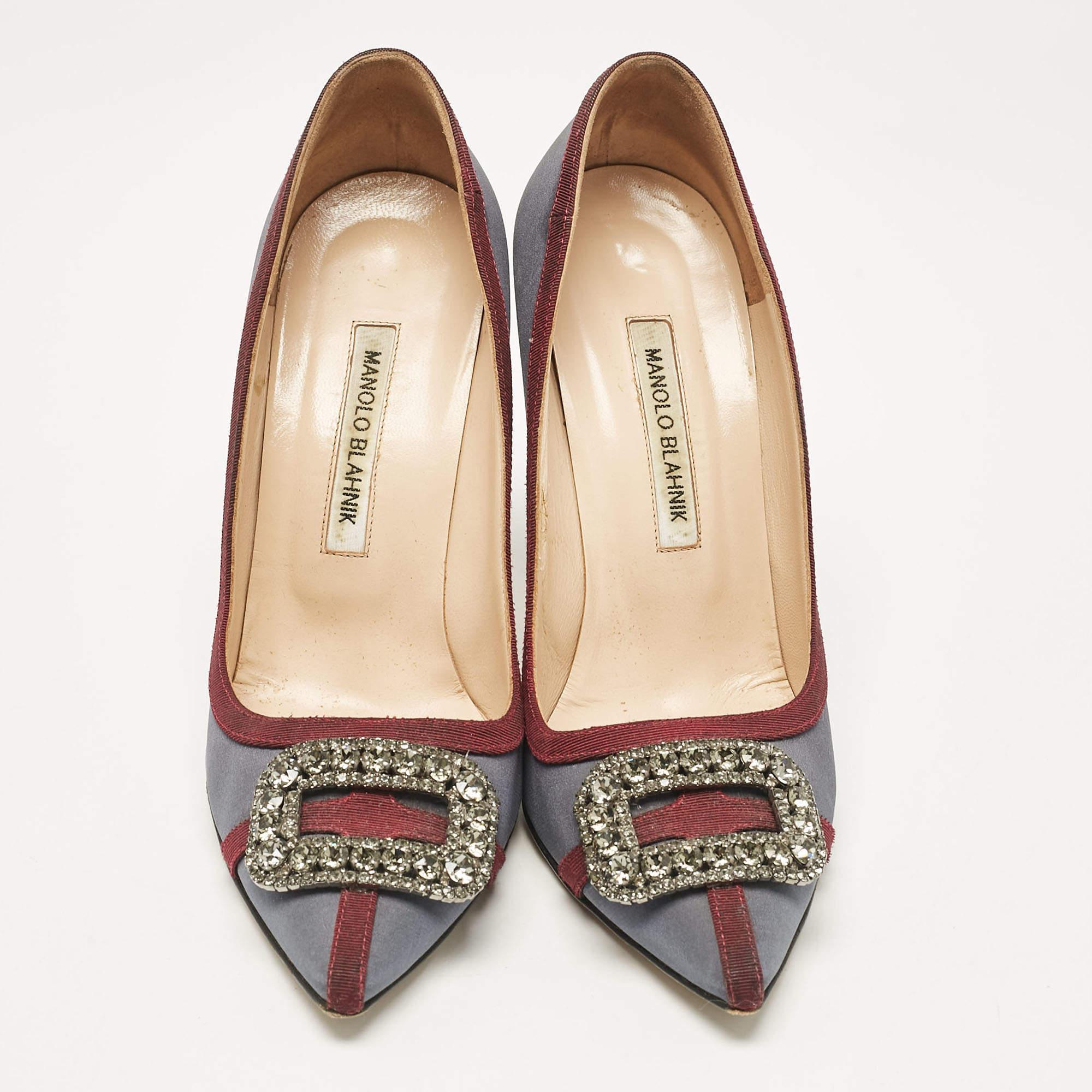 Gray Manolo Blahnik Grey/Burgundy Satin Gotrian Pumps Size 39