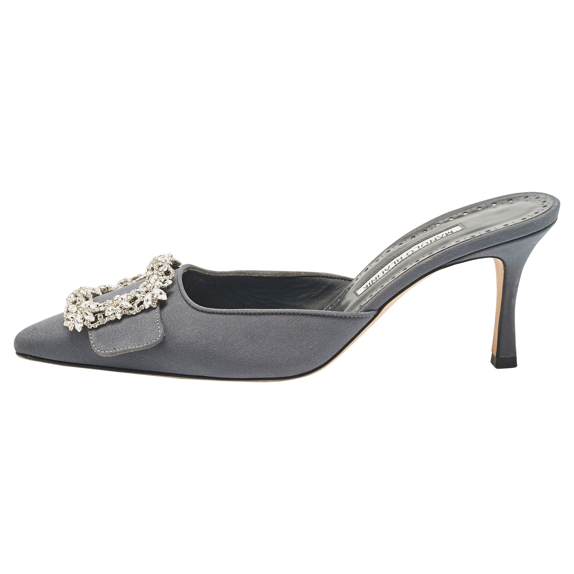 Manolo Blahnik Grey Fabric Maysale Mules Size 38.5