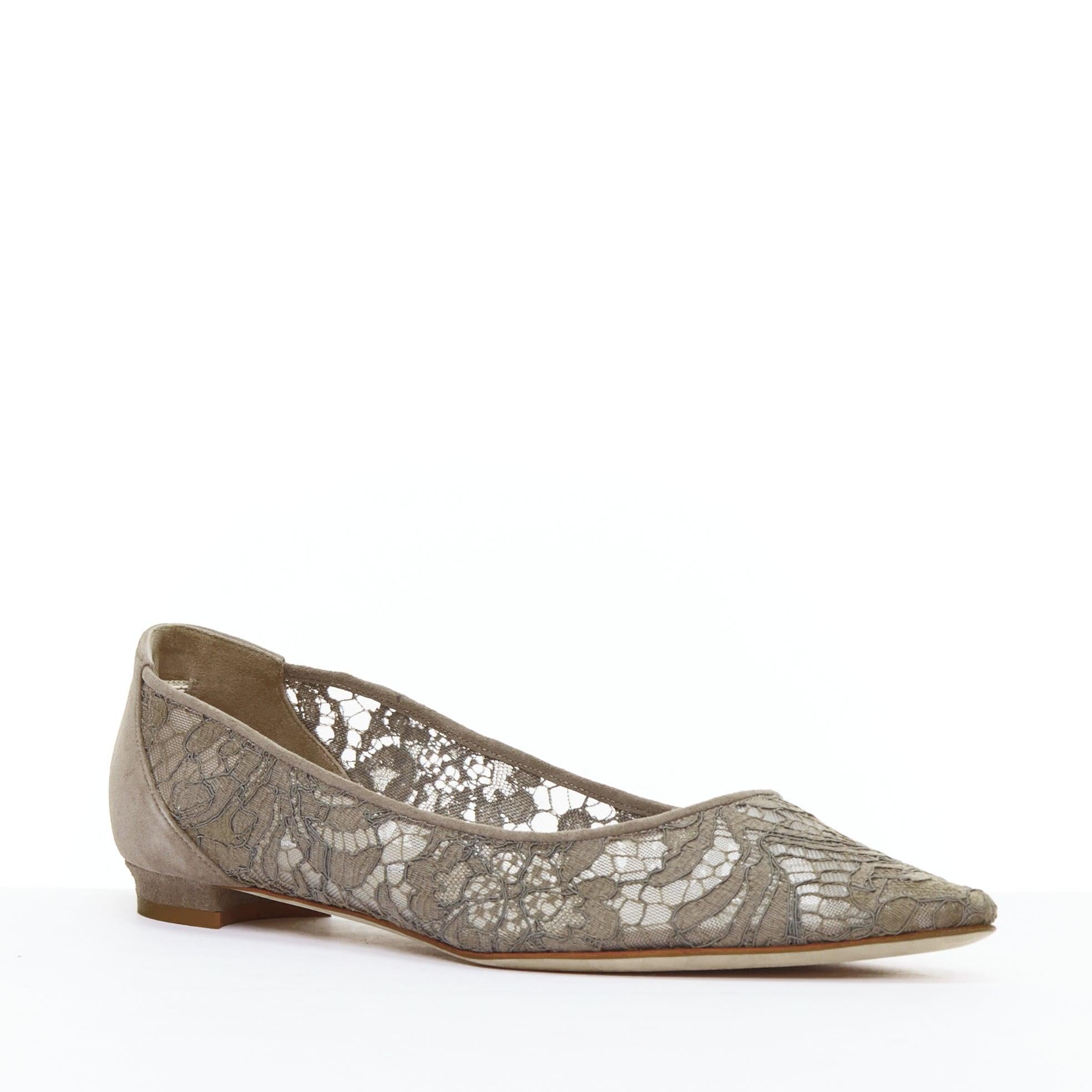 Gray MANOLO BLAHNIK grey lace suede pointy toes flat shoes EU37.5 For Sale