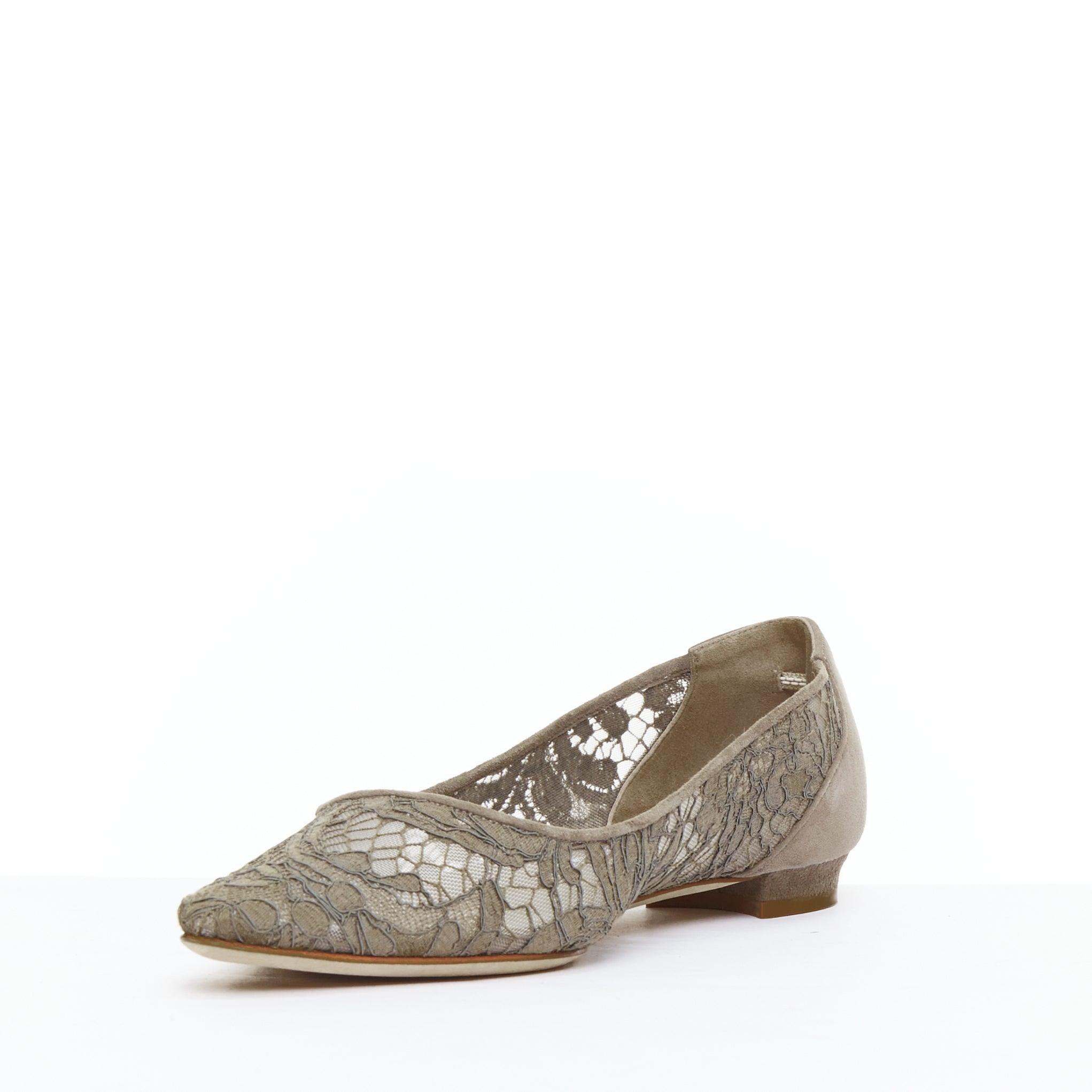 MANOLO BLAHNIK grey lace suede pointy toes flat shoes EU37.5 In Good Condition For Sale In Hong Kong, NT