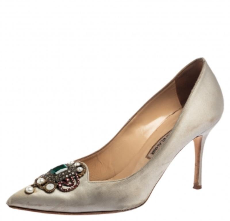 Women's Manolo Blahnik Grey Satin  'Eufrasia' Pumps Size 38