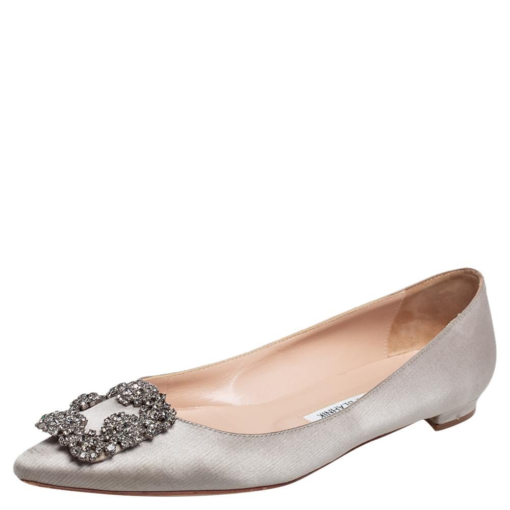 Manolo Blahnik Grey Satin Hangisi Ballet Flats Size 37.5