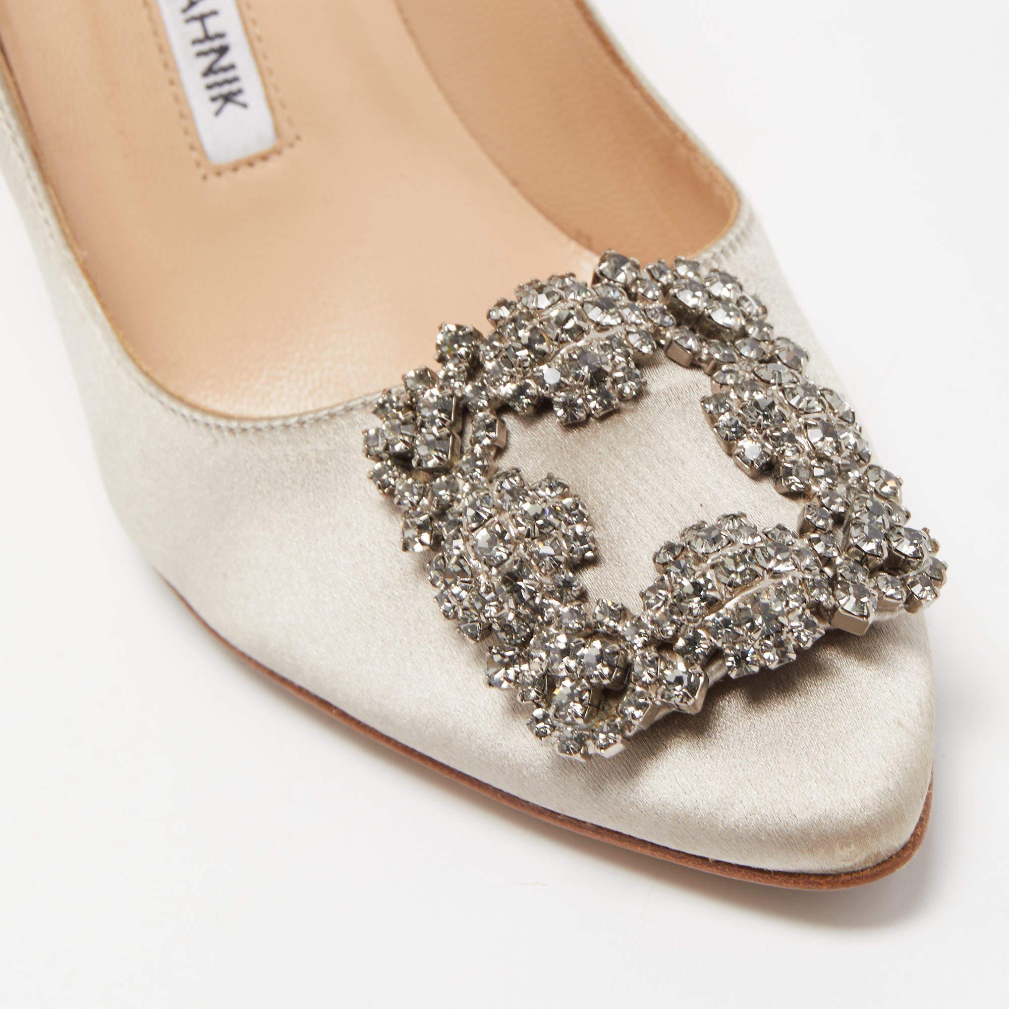 Manolo Blahnik Grey Satin Hangisi Crystal Embellished Pointed Toe Pumps Size 36 2