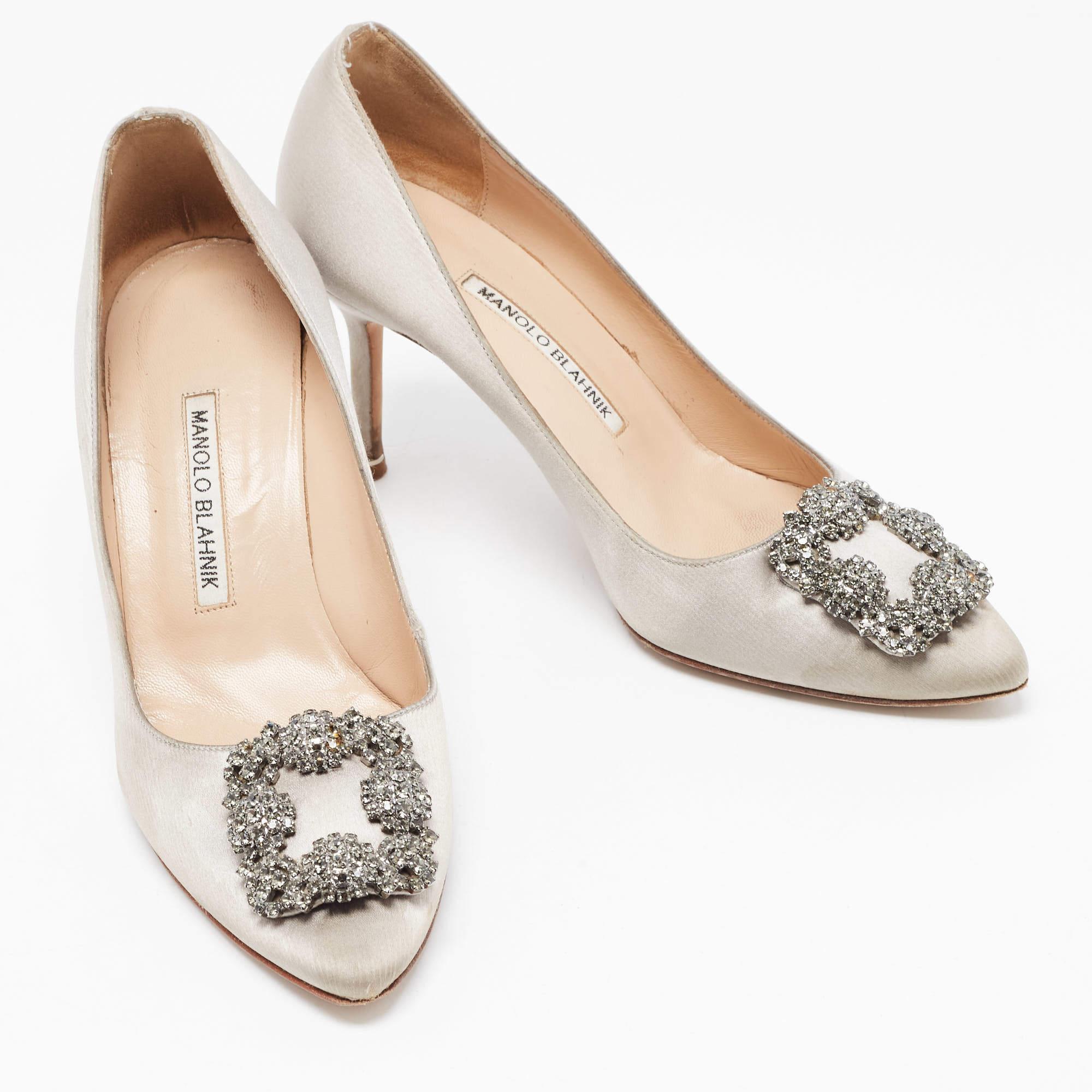 Women's Manolo Blahnik Grey Satin Hangisi Pumps Size 38