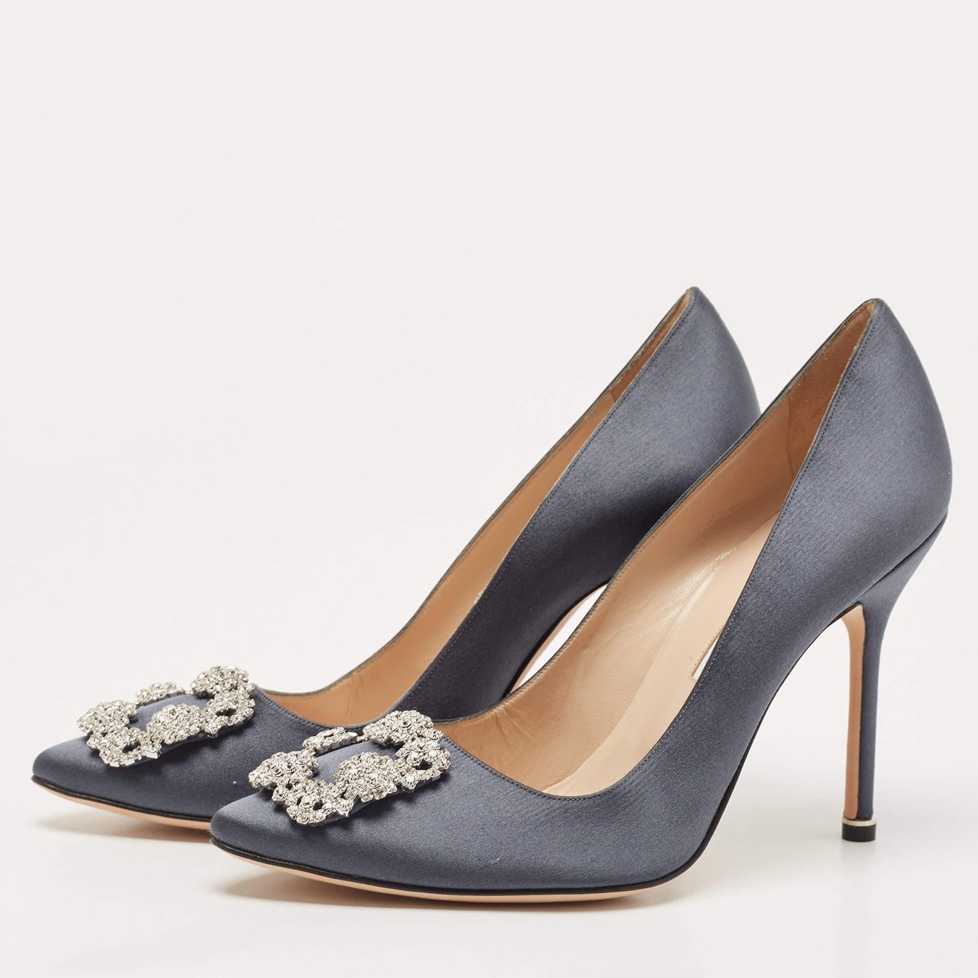 Women's Manolo Blahnik Grey Satin Hangisi Pumps Size 39
