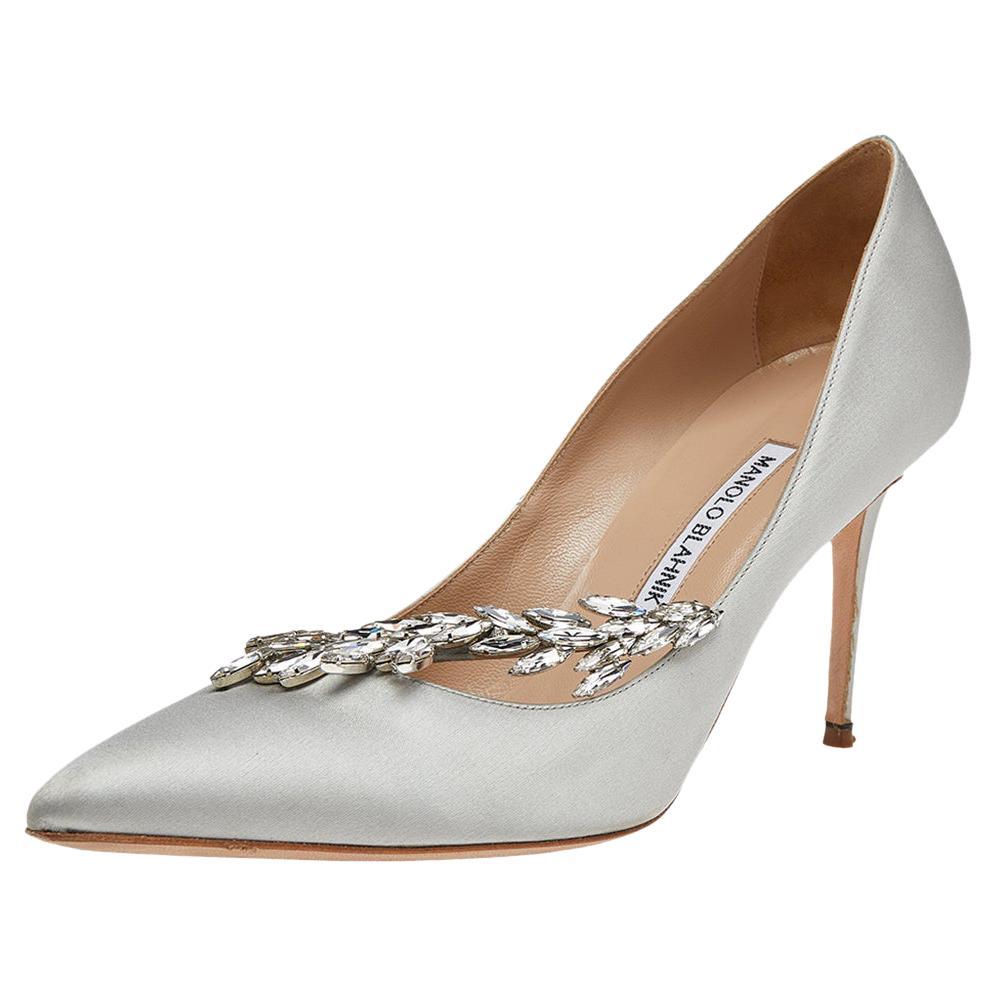 Manolo Blahnik Grey Satin Jewel Nadira Pointed Toe Pumps Size 39