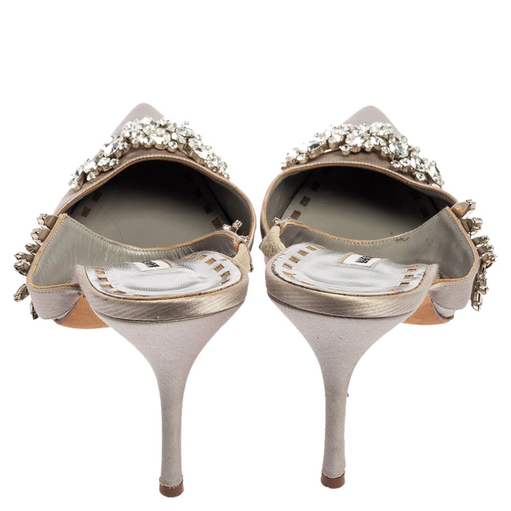 Gray Manolo Blahnik Grey Satin Lurum Crystal Embellished Pointed Toe Sandals Size 41