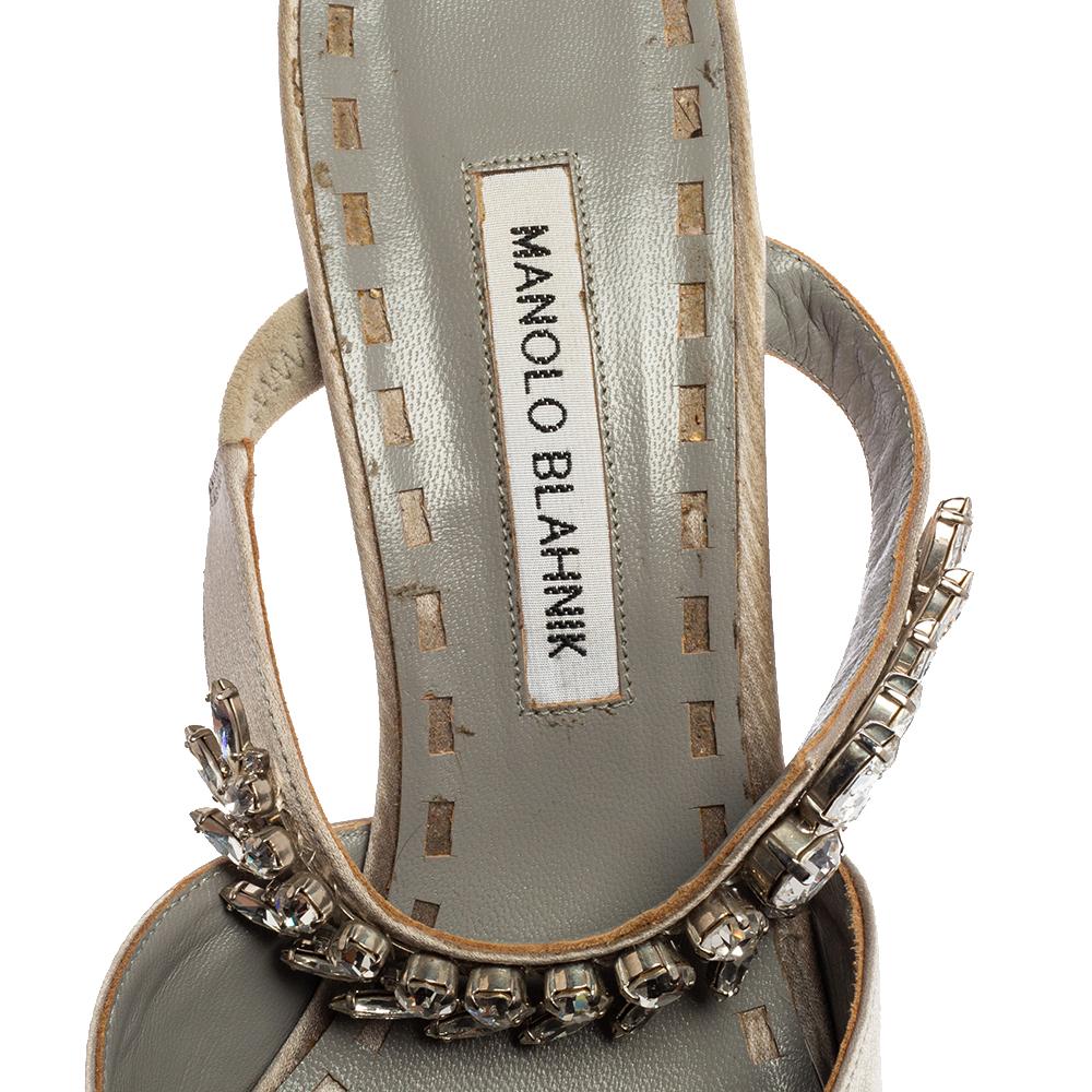 Women's Manolo Blahnik Grey Satin Lurum Crystal Embellished Pointed Toe Sandals Size 41