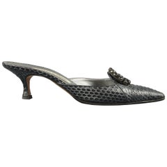 Manolo Blahnik Grey Snake Skin Kitten Rhinestone Heel Mules