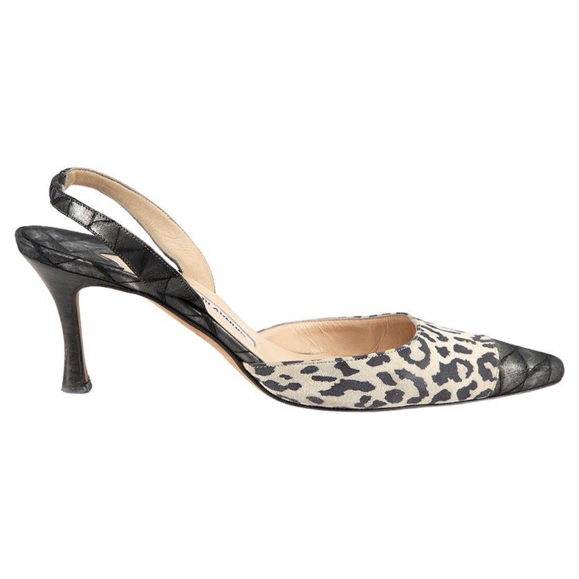 Manolo Blahnik Grey Suede Leopard Slingback Heels Size IT 37.5 For Sale