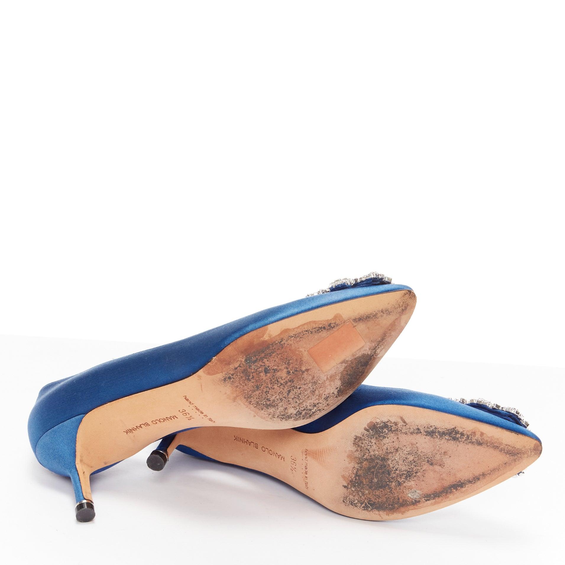 MANOLO BLAHNIK Hangisi 50 blue satin crystal buckle teacup heeled pumps EU36.5 For Sale 7