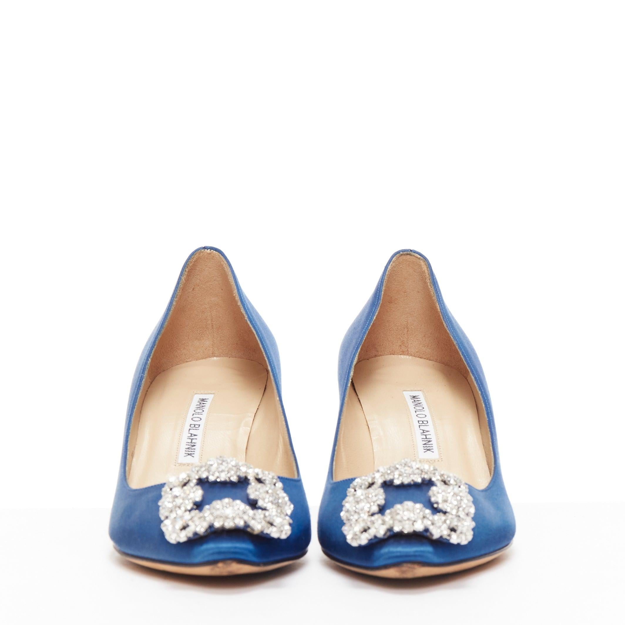 MANOLO BLAHNIK Hangisi 50 blue satin crystal buckle teacup heeled pumps EU36.5 In Good Condition For Sale In Hong Kong, NT
