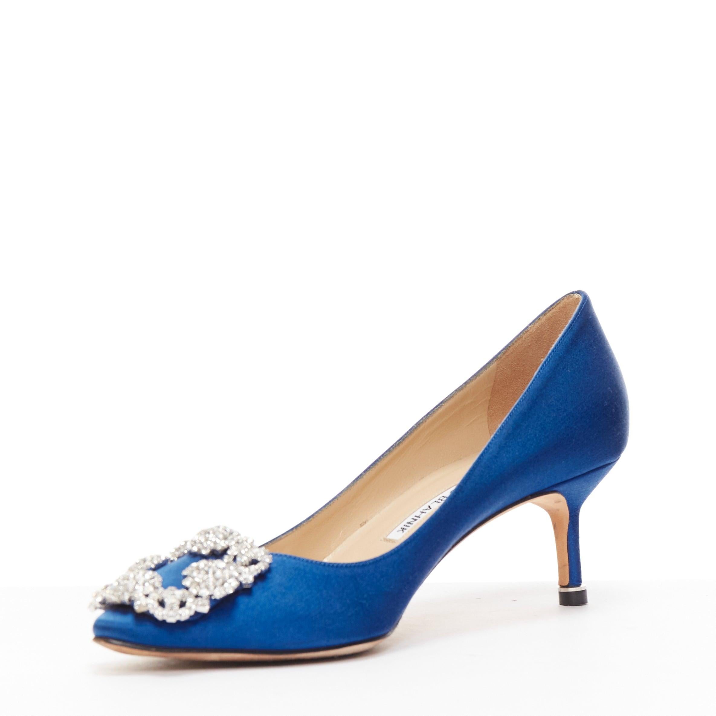 Women's MANOLO BLAHNIK Hangisi 50 blue satin crystal buckle teacup heeled pumps EU36.5 For Sale
