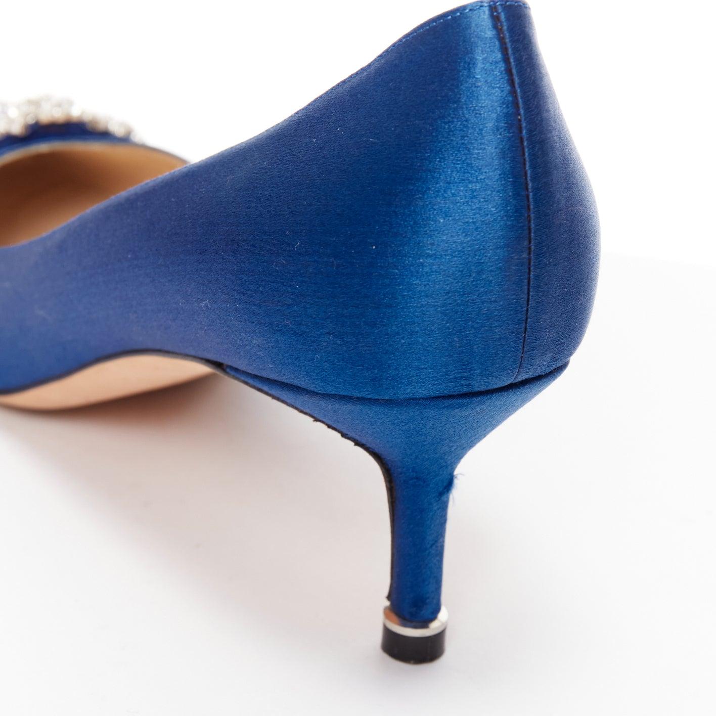 MANOLO BLAHNIK Hangisi 50 blue satin crystal buckle teacup heeled pumps EU36.5 For Sale 4