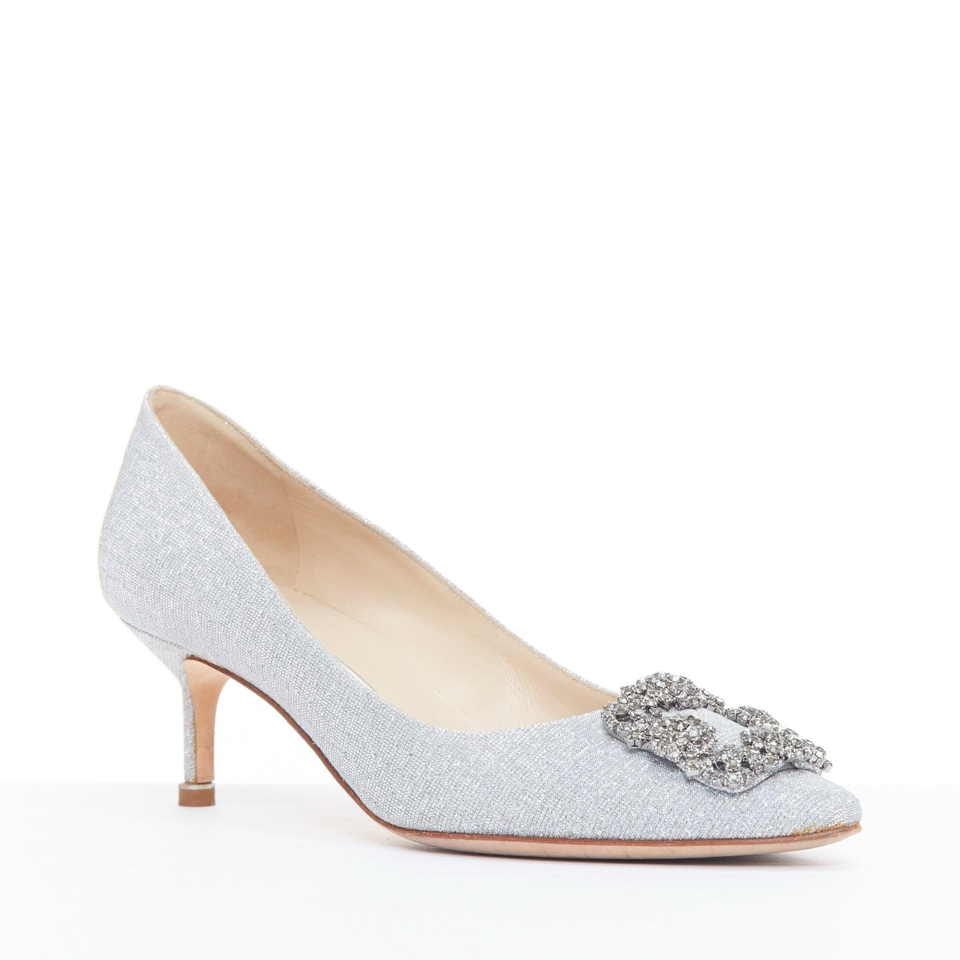 Silver MANOLO BLAHNIK Hangisi 60 silver fabric crystal buckle pumps EU39