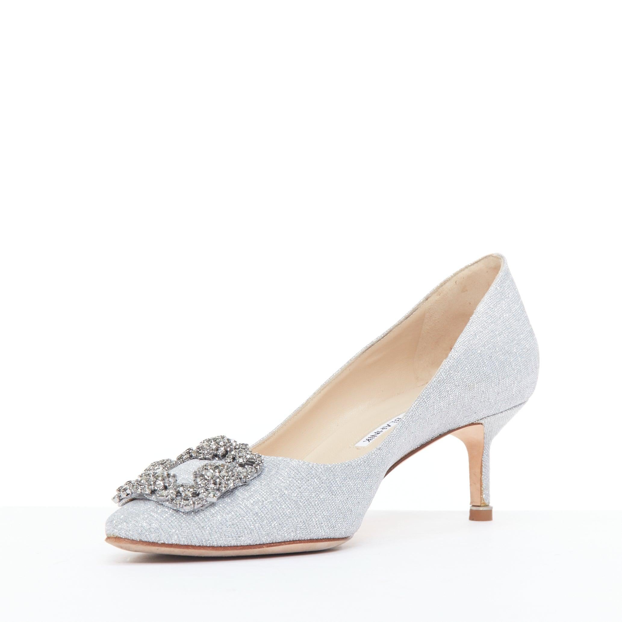Women's MANOLO BLAHNIK Hangisi 60 silver fabric crystal buckle pumps EU39
