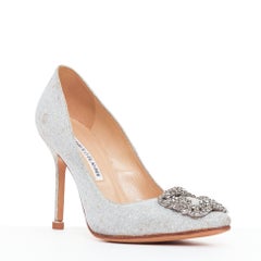 MANOLO BLAHNIK Hangisi 90 silver crystal embellished glittered heels EU37