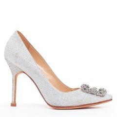 MANOLO BLAHNIK Hangisi 90 silver crystal embellished glittered heels EU37