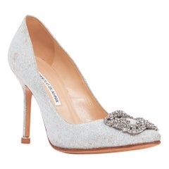 MANOLO BLAHNIK Hangisi 90 silver crystal embellished glittered heels EU37