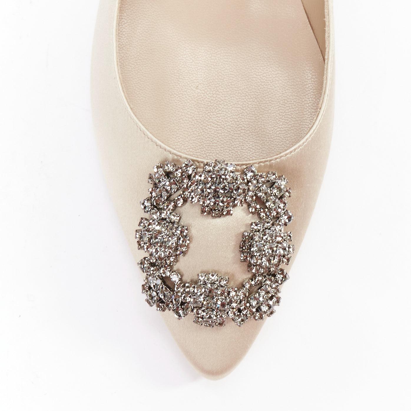 MANOLO BLAHNIK Hangisi beige satin crystal buckle pointy flats EU38.5 1