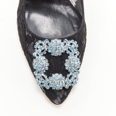 MANOLO BLAHNIK Hangisi black lacee blue crystal buckle kitten heel pump EU36 US6