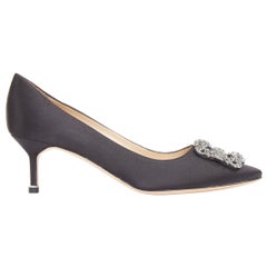 MANOLO BLAHNIK Hangisi black satin crystal brooch buckle heeled pumps EU38