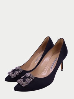 Manolo Blahnik Hangisi Black Satin Crystal Buckle Pumps - EU 40.5