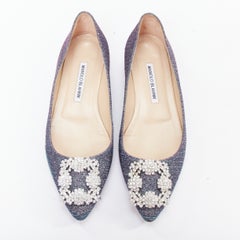 MANOLO BLAHNIK Hangisi purple glitter fabric strass buckle pointy flats EU37