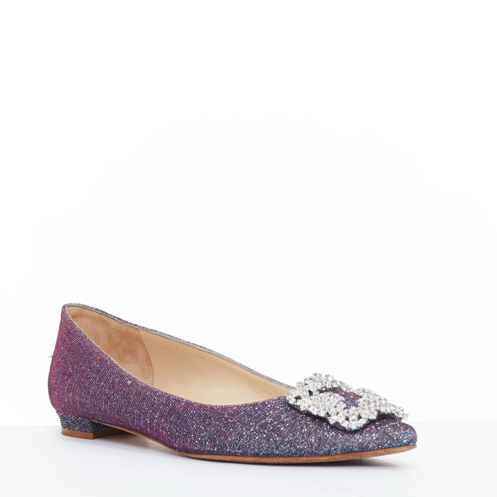 Gray MANOLO BLAHNIK Hangisi purple glitter fabric strass buckle pointy flats EU37 For Sale