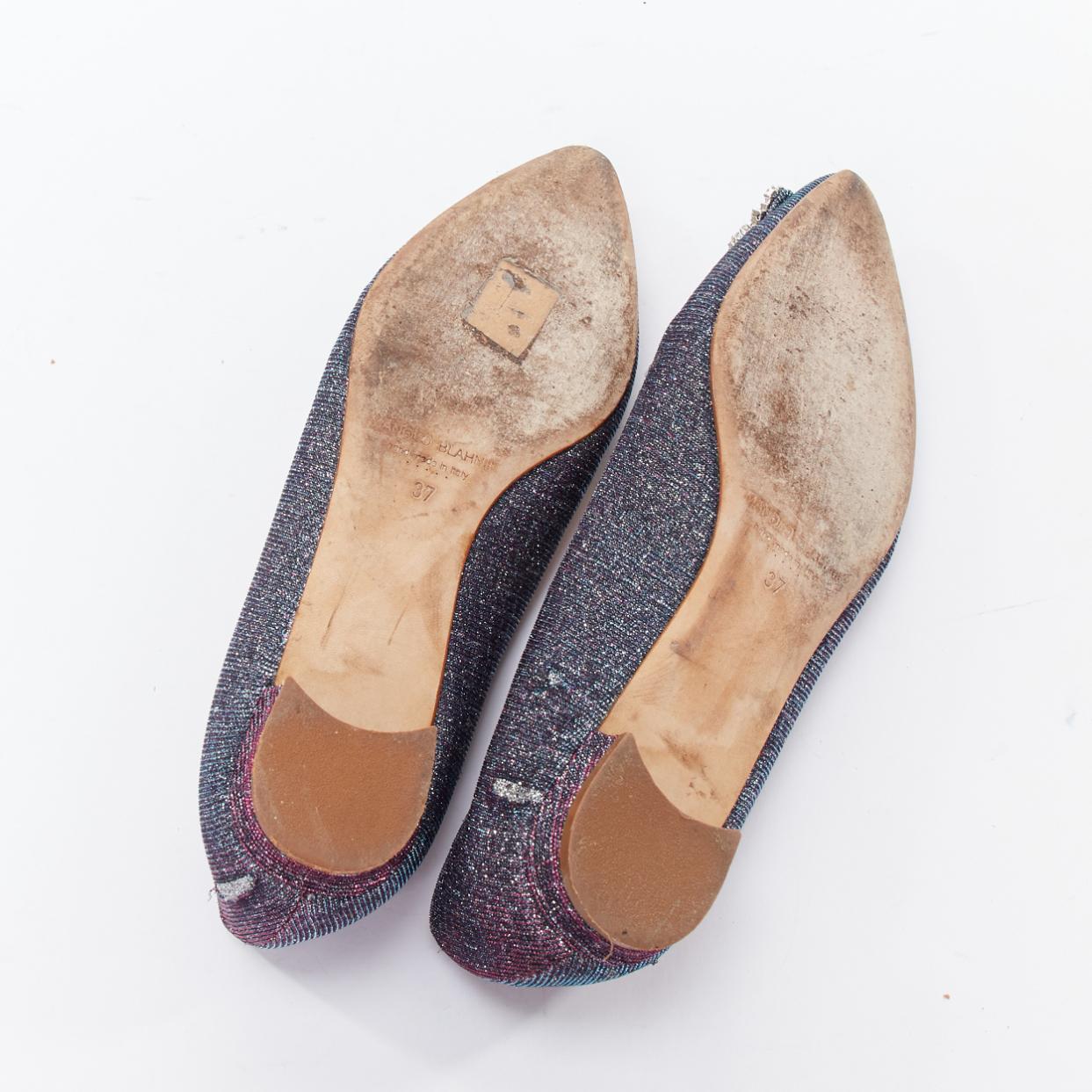 MANOLO BLAHNIK Hangisi purple glitter fabric strass buckle pointy flats EU37 For Sale 4