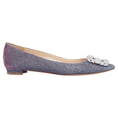 MANOLO BLAHNIK Hangisi purple glitter fabric strass buckle pointy flats EU37