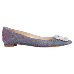 MANOLO BLAHNIK Hangisi purple glitter fabric strass buckle pointy flats EU37
