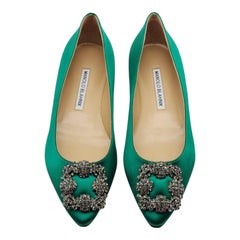 Manolo Blahnik Hangisiflat Jewel Buckle Flat Pumps Satin in Green