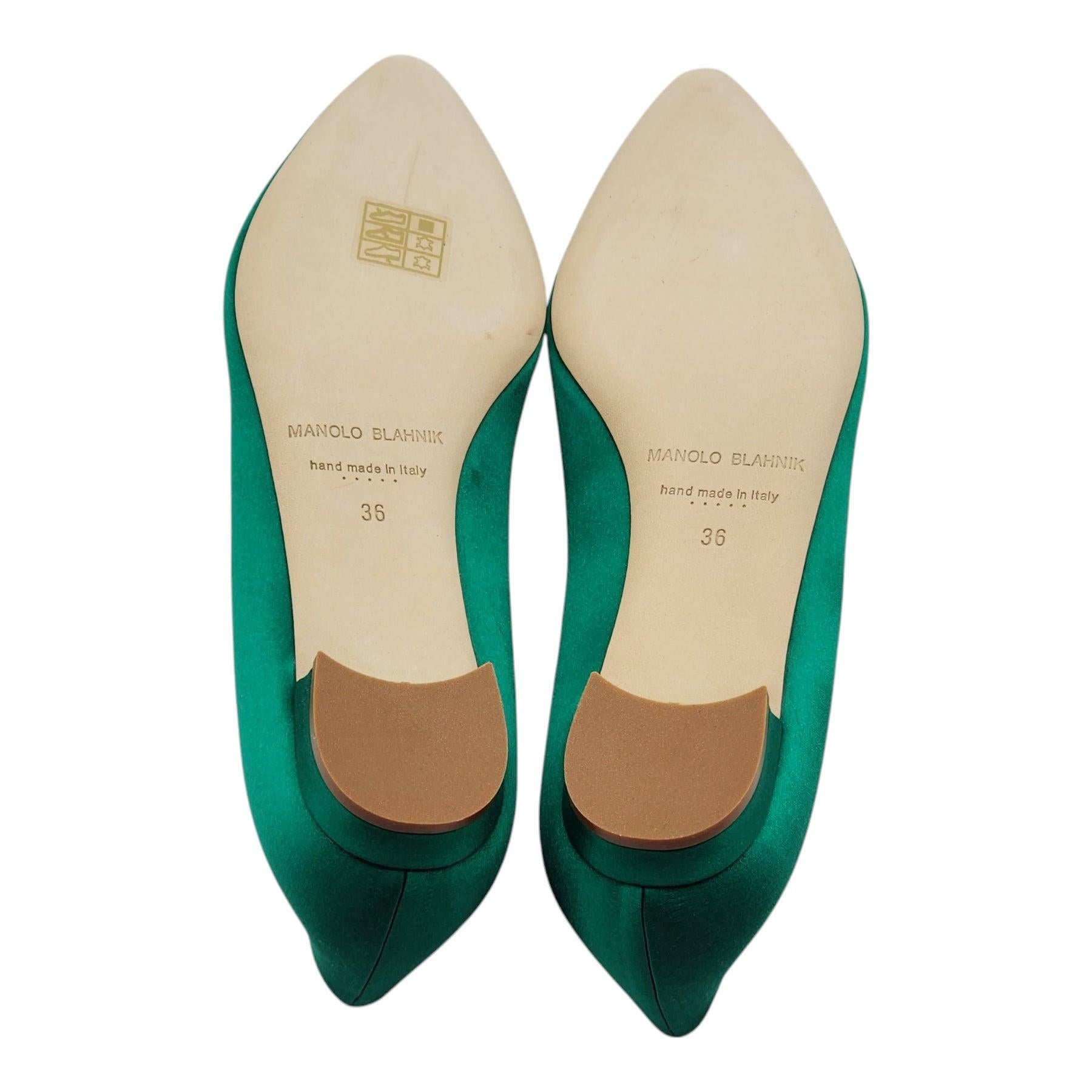 Women's Manolo Blahnik Hangisiflat Jewel Buckle Flat Pumps Satin in Green For Sale