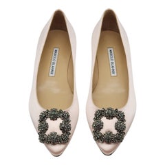 Manolo Blahnik Hangisiflat Jewel Buckle Flat Pumps Satin in Light Pink Size 36
