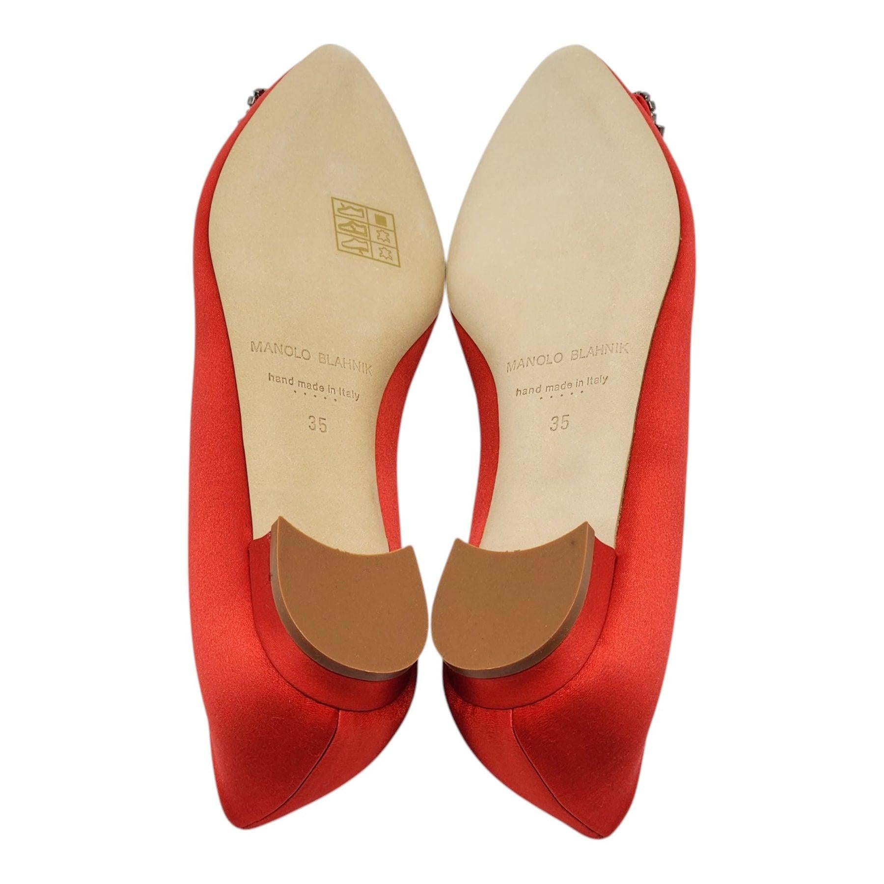 Manolo Blahnik Hangisiflat Jewel Buckle Flat Pumps Satin in Red In Excellent Condition For Sale In Los Angeles, CA