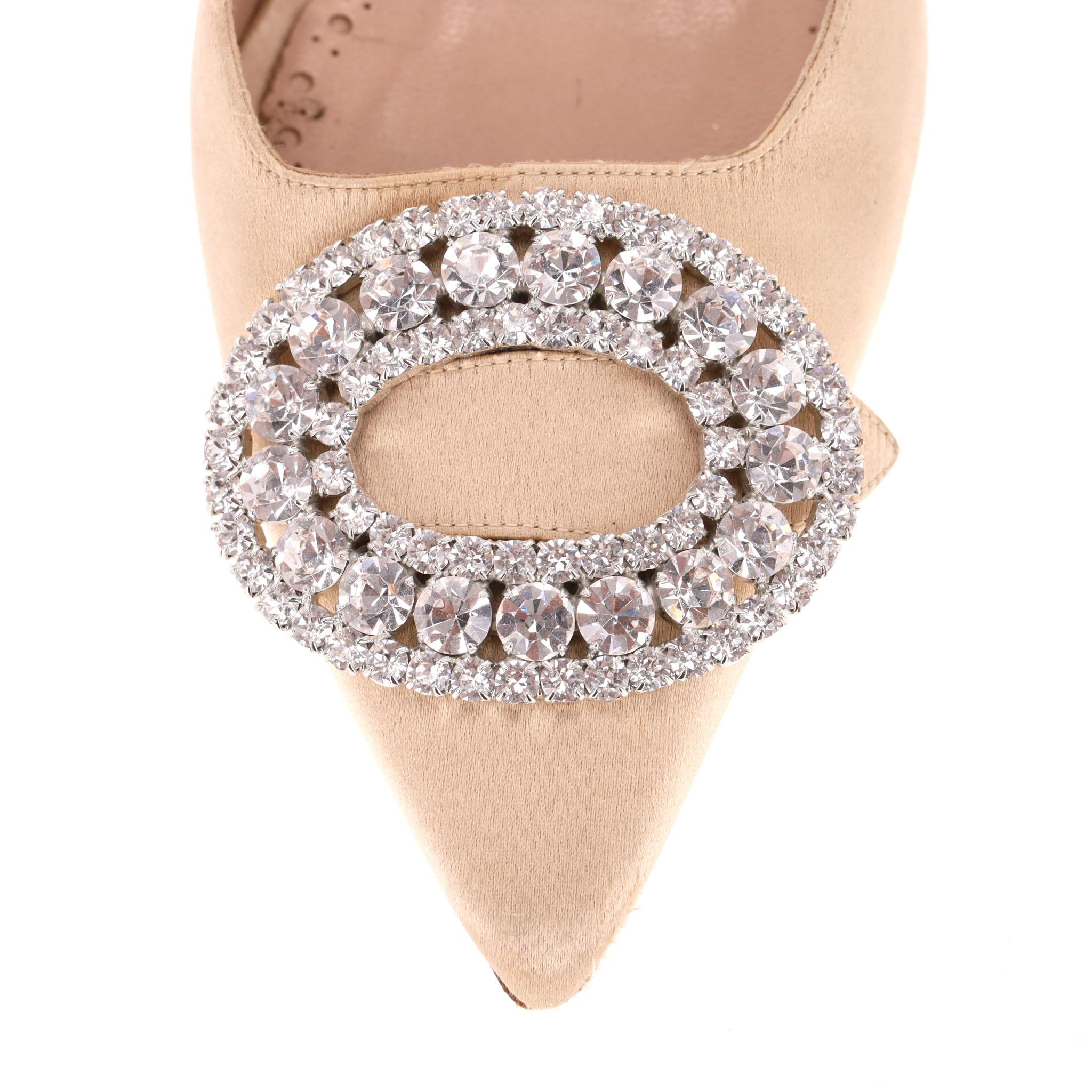 Manolo Blahnik Hangisli 70 Satin Jewel Slingback Heels For Sale 1