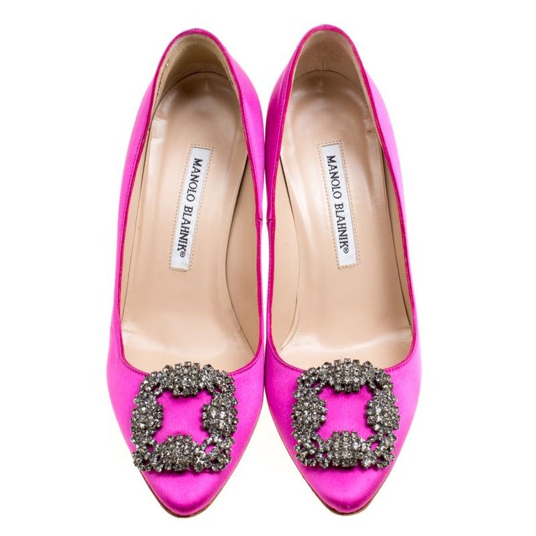 Manolo Blahnik Hot Pink Satin Hangisi Crystal Embellished Pumps Size 36 ...