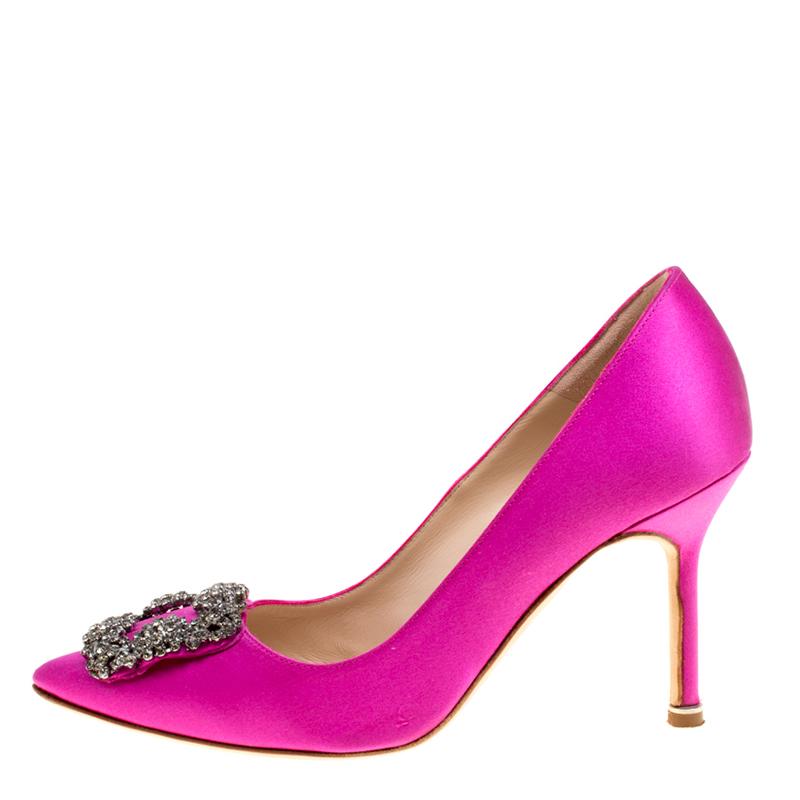 Women's Manolo Blahnik Hot Pink Satin Hangisi Crystal Embellished Pumps Size 36