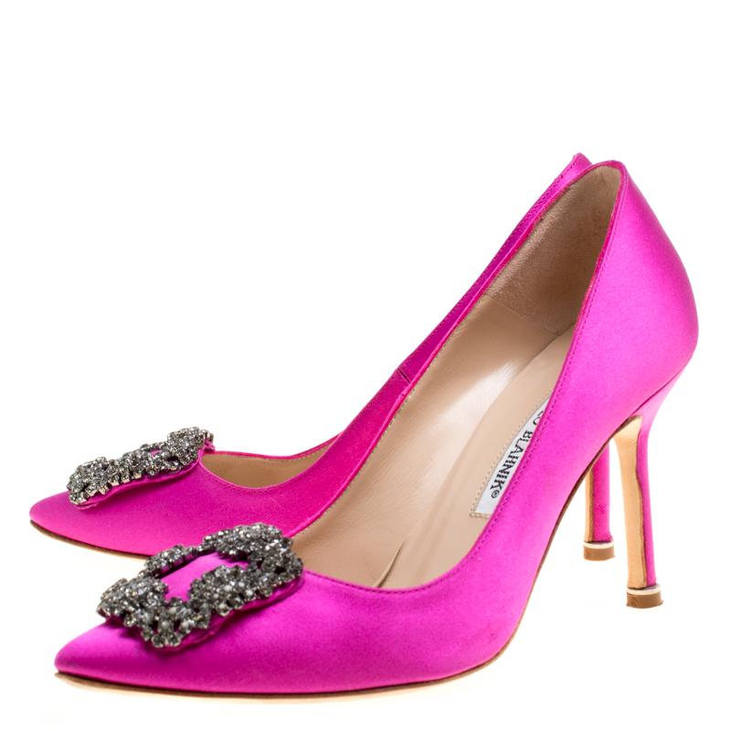 Manolo Blahnik Hot Pink Satin Hangisi Crystal Embellished Pumps Size 36 1