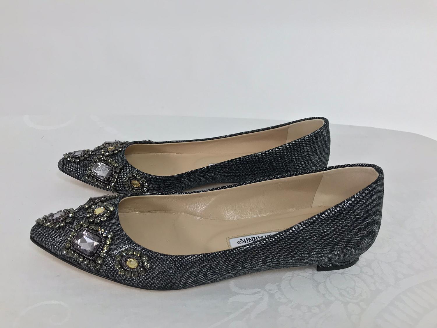 Manolo Blahnik Jewel Silver Metallic Pointed Toe Ballet Flats 36 1/2 In Excellent Condition In West Palm Beach, FL