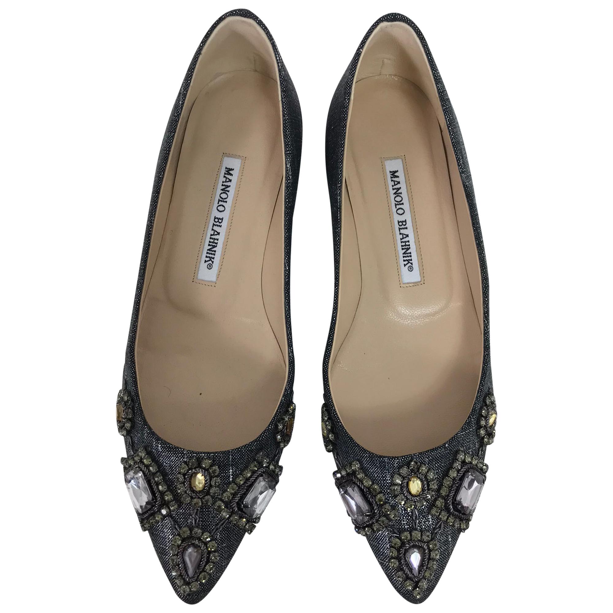 Manolo Blahnik Jewel Silver Metallic Pointed Toe Ballet Flats 36 1/2