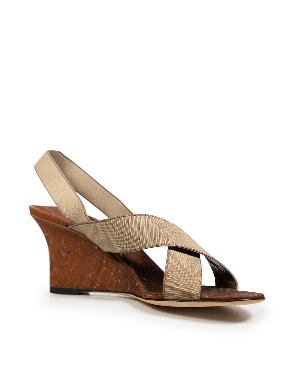 CONDITION is Very good. Hardly any visible wear to sandals is evident on this used Manolo Blahnik designer resale item. These shoes come with their original dust bag.
 
 
 
 Details
 
 
 Khaki
 
 Cloth textile
 
 Sandals
 
 Mid wedge heel
 
 Open