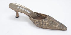 Manolo Blahnik Kitten Heel Gold Brocade Mules with Applied Jeweled Decoration