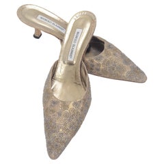 Manolo Blahnik Kitten Heel Gold Brocade Mules with Applied Jeweled Decoration